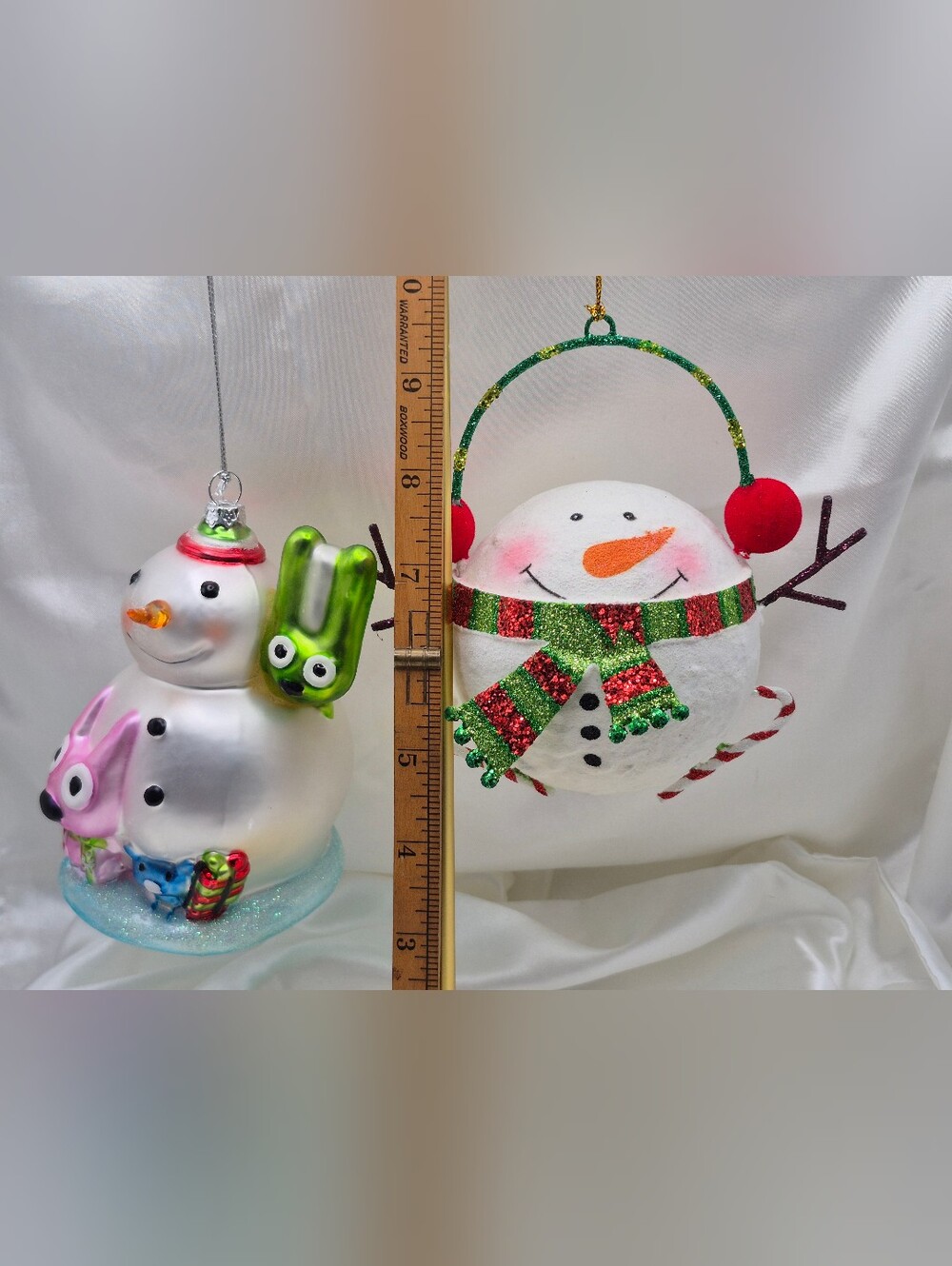 White Snowman Christmas Ornament with Green Red Scarf & Hoops N Yoyo